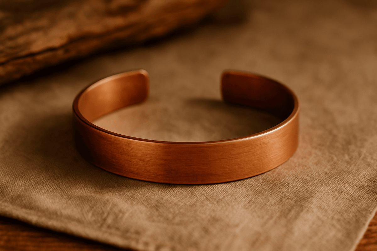 Brățară din cupru pe fundal natural – simbol al sănătății și energiei pozitive