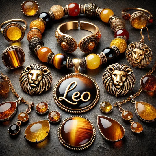 CRISTAOLE DE CULOARE CHILIMBAR SI UN PANDANTIV CU SEMNUL ZODIEI LEU