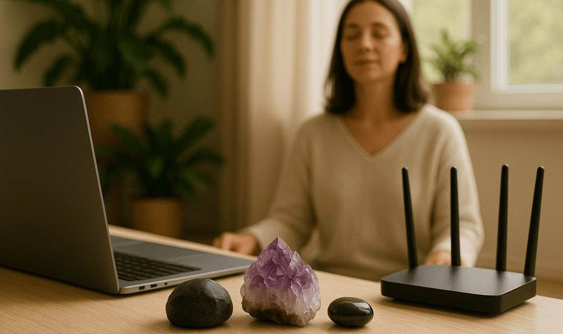 un birou, cu laptop si ruter wireless, si cristatale de protectie cum ar fi turmelina, ametist