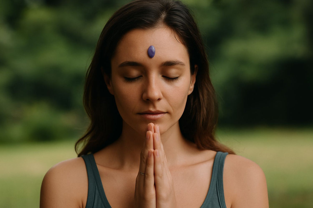 o fata facand meditatie cu un ametist pe frunte si cu mainile in rugaciune