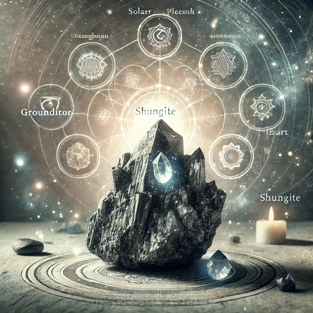 o imagine dark a unei piese mari de shungit inconjurat de chakre