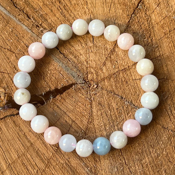 Brățară din beril natural – morganit, acvamarin și heliodor, mărgele pastelate de cristal pentru echilibru și armonie interioară