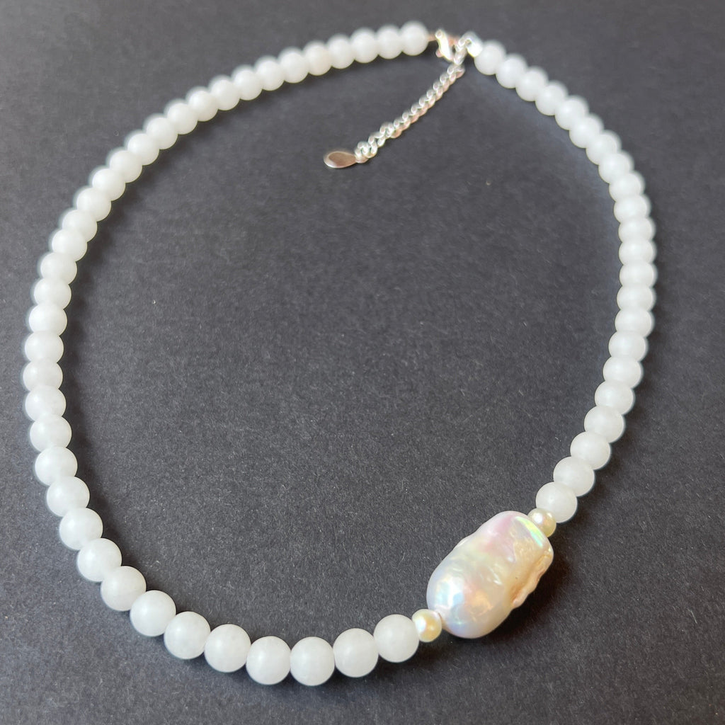Colier jad alb si perla Purity#38, pietre semipretioase - druzy.ro 1 
