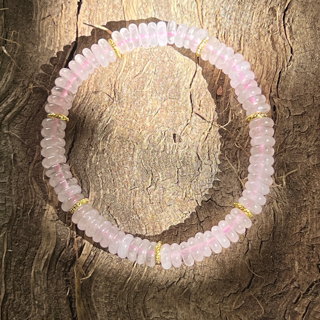 Bratara discuri cuart roz si insertii aurii – 6x2 mm, pietre semipretioase - druzy.ro 2 