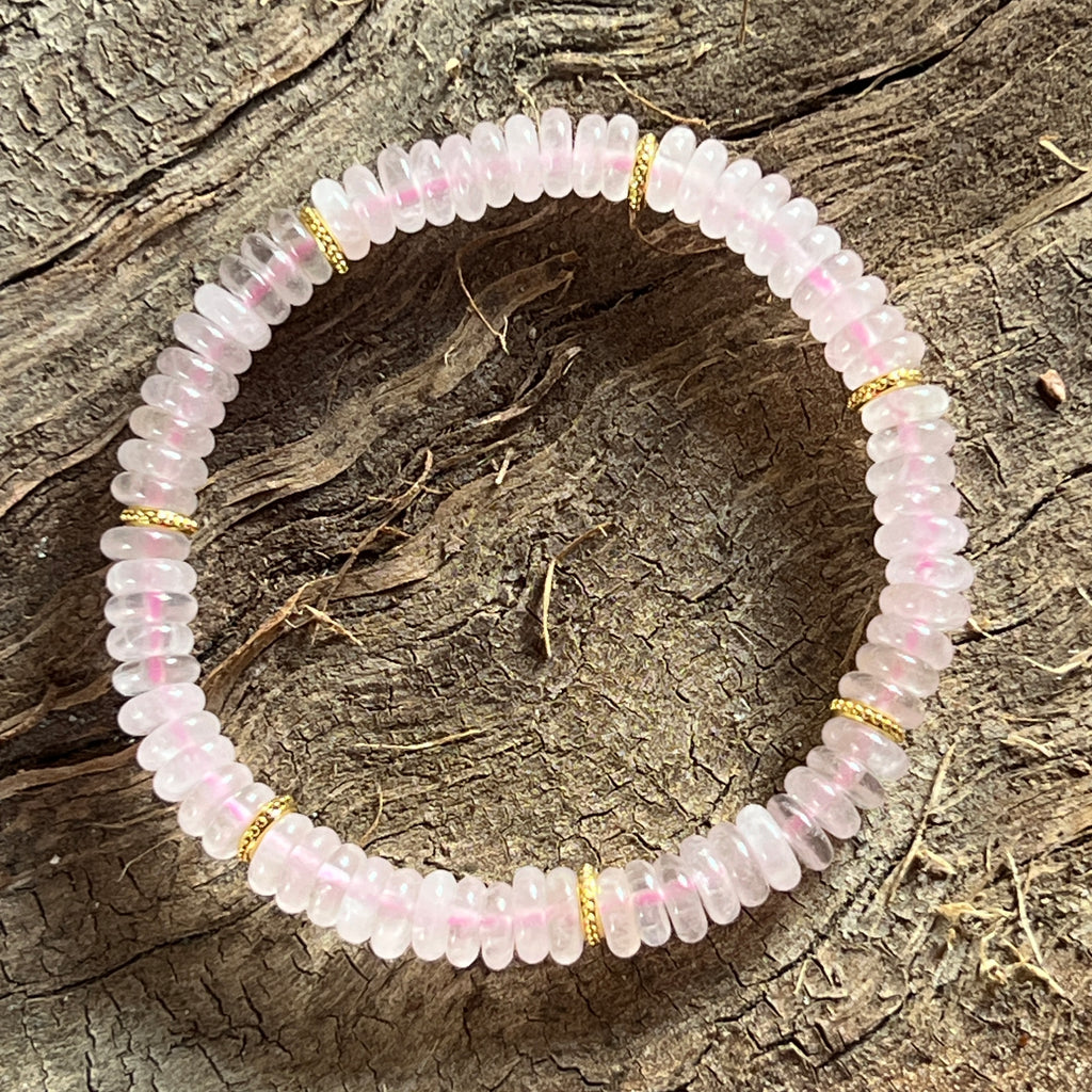 Bratara discuri cuart roz si insertii aurii – 6x2 mm, pietre semipretioase - druzy.ro 3 
