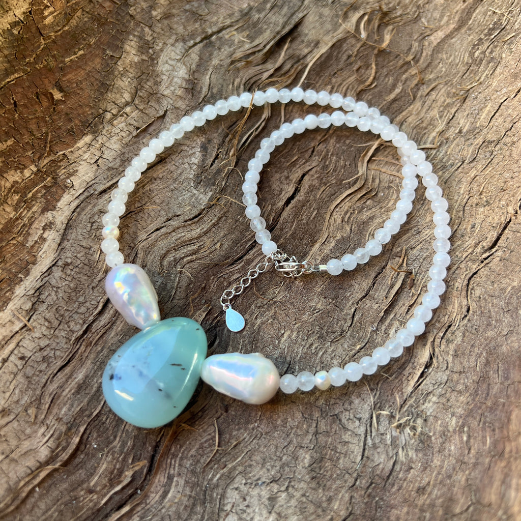 Colier jad alb, perle și crisopraz Serene#28, pietre semipretioase - druzy.ro 2 